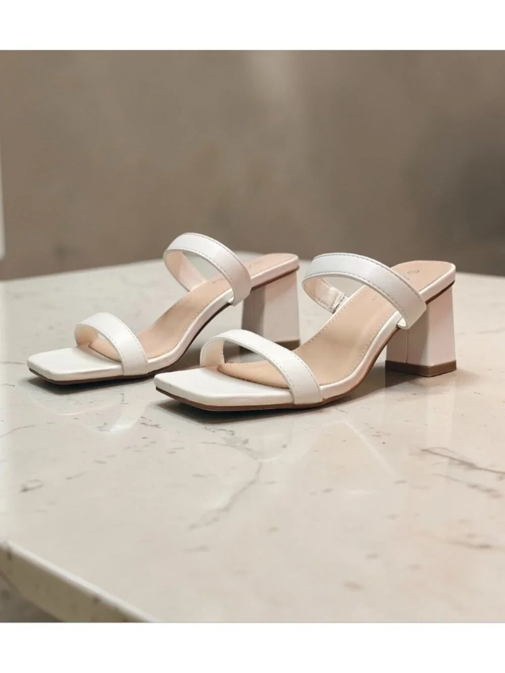 White Faux Leather Block Heel Sandals With Double Straps & Square Toe For Women - Picture 15 of 15
